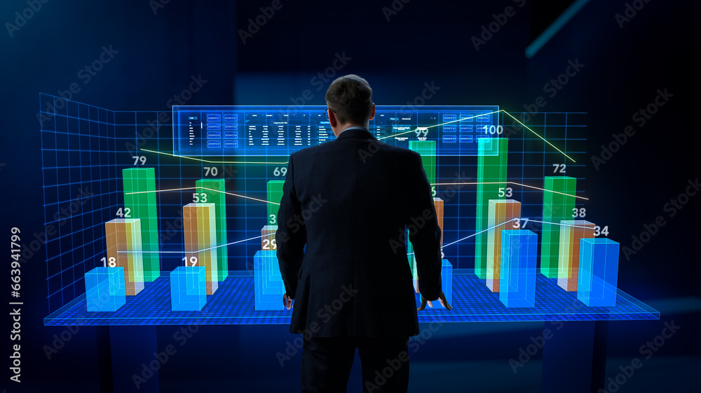 Aufkleber Business Metaverse and Virtual Space Concept: Businessman Operating Augmented Reality Dashboard in Cyberspace. Specialist Touching the Hologram to Show Interactive Charts and Graphs with Statistics