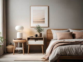 Scandinavian-inspired bedroom with a wooden nightstand, bedside lamp, and a stack of books, against a concrete wall with an mock-up poster frame. Relaxing bedroom decor