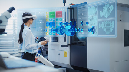 Professional Research and Development Specialist Wearing a Virtual Reality Headset, Managing Settings on an Industrial Machine at a Factory Facility. Digital Hologram Showing Mechanism in Action - obrazy, fototapety, plakaty