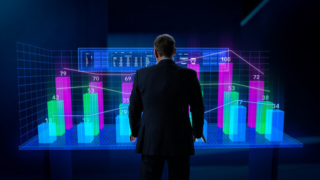 Business Metaverse and Virtual Space Concept: Businessman Operating an Augmented Reality Dashboard in Cyberspace. Specialist Touching the Hologram to Show Interactive Charts and Graphs with Statistics - Powered by Adobe