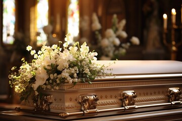 Beautiful flowers in a coffin at a funeral - obrazy, fototapety, plakaty