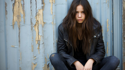  a young woman sitting against a wall, wearing a black jacket and jeans. She appears to be in a contemplative or sad mood, as she stares off into the distance