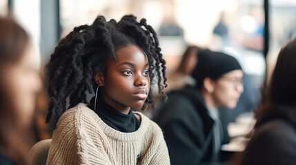 a young black woman with curly hair, wearing a white sweater, sitting in a room with other people. She appears to be staring off into the distance, possibly deep in though - obrazy, fototapety, plakaty