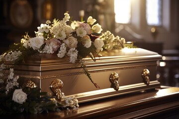 Beautiful flowers in a coffin at a funeral