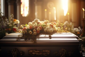 Beautiful flowers in a coffin at a funeral