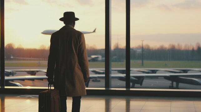 a man wearing a hat and a trench coat, standing in an airport terminal with a suitcase. He appears to be looking out the window, possibly observing the planes