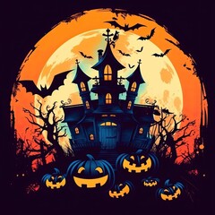 Halloween pumpkins and dark castle