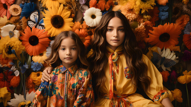 Dos niñas latinas con ropa indígena en primavera flores en el fondo y objetos artesanales en su alrededor