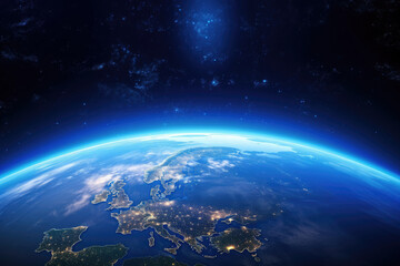 Night of Planet Earth globe from space view with city light of each countries on land and sunlight, Galaxy and space concept.