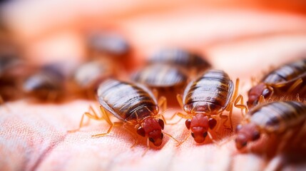 Macro view of bed bugs on pillow fabric