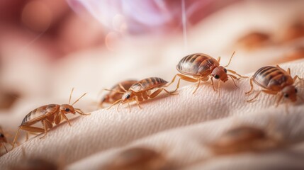 Macro view of bed bugs on pillow fabric