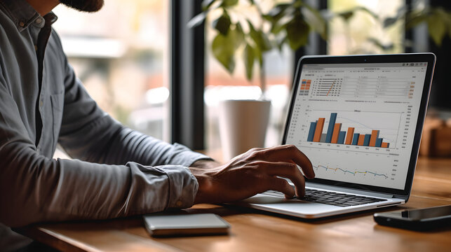 Man sits comfortably with his laptop, engrossed in analyzing a business graph, strategic thinking, he navigates through the data, making informed decisions to drive growth.