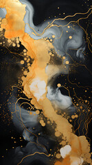 Abstract fractal marble pattern, in the style of pale black and gold, marbleized, expressionistic madness, iridescence / opalescence, mixed media printing.