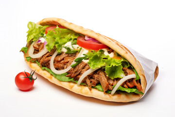 Doner kebab in pitta bread with lettuce, tomato, souce, onion, isolated on white background