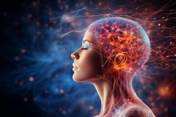 Obraz premium Illustration of a woman's head with a highlighted colourful head, showcasing the complexity of the mind created with Generative AI technology