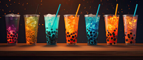 variety of bubble tea on a wooden table