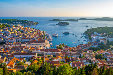 Fototapeta premium Beautiful view of harbor in Hvar town, Croatia