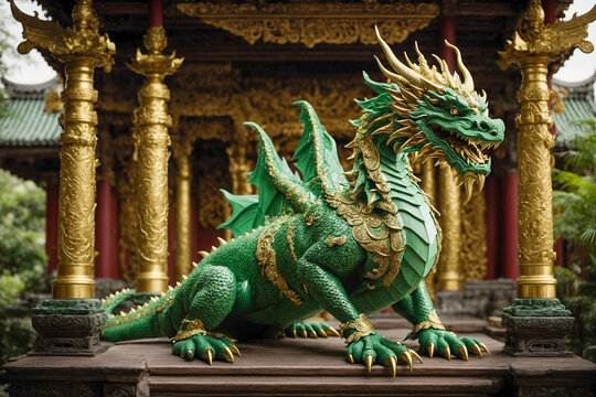 Mystical green wooden dragon, crafted with delicate precision and adorned with shimmering jewels, guarding the entrance to a temple, embodying wisdom and protection. Chinese New Year celebrations