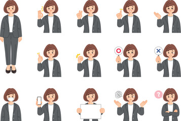 カジュアルな服装のビジネスウーマン　表情とジェスチャーのイラスト素材セット