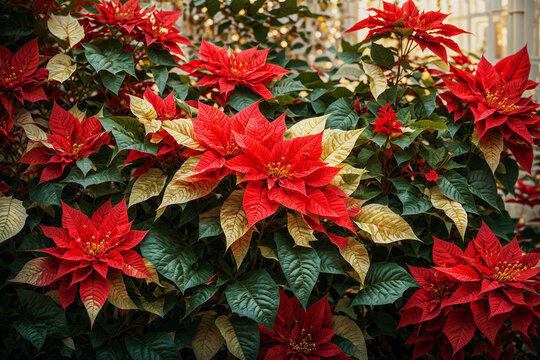 Poinsettia Elegance. A close-up of vibrant red poinsettia flowers with their lush green leaves
