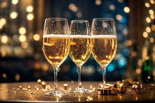 Three Crystal-Clear Glasses Brimming with Bubbly Champagne. Toast to Friendship, Love, and Special Moments. Ready to Uplift Spirits and Create Unforgettable Memories
