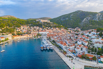 Fototapeta na wymiar Beautiful view of harbor in Hvar town, Croatia
