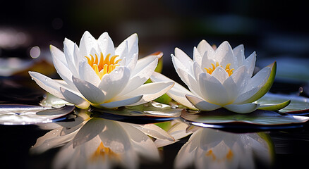 Duas delicadas flores de lótus, símbolos de pureza e renovação, refletem com graça na superfície tranquila do lago. - obrazy, fototapety, plakaty