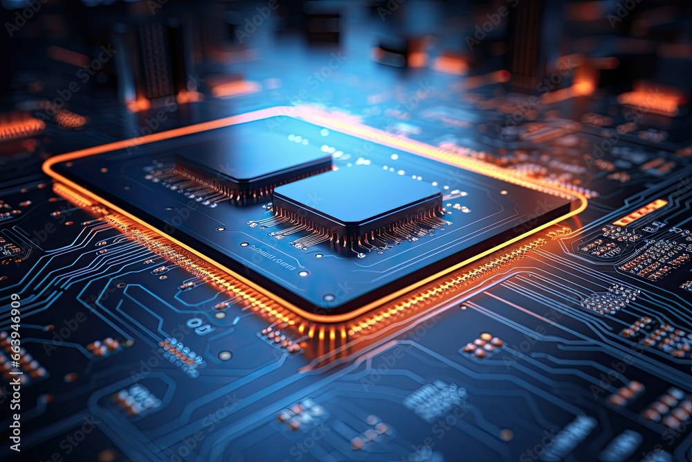 Poster highly rendering of microchip in blue light on circuit board background, futuristic circuit board an
