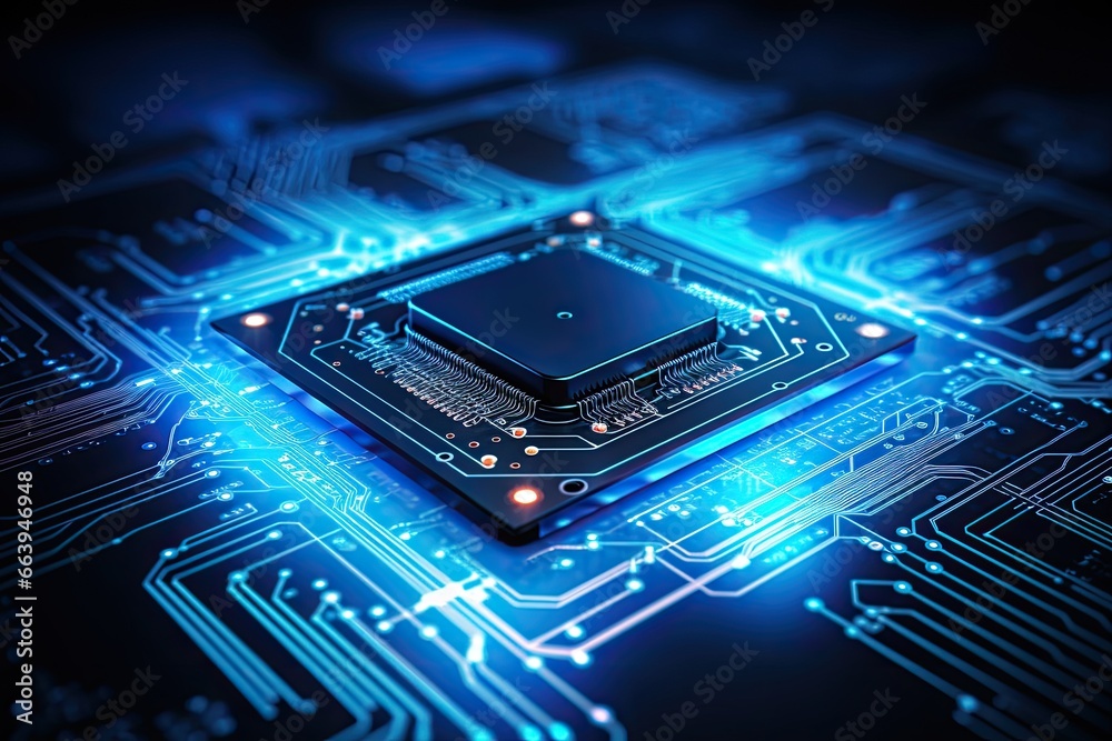Poster circuit board with microchips close up. 3d rendering, futuristic circuit board and microchip with gl