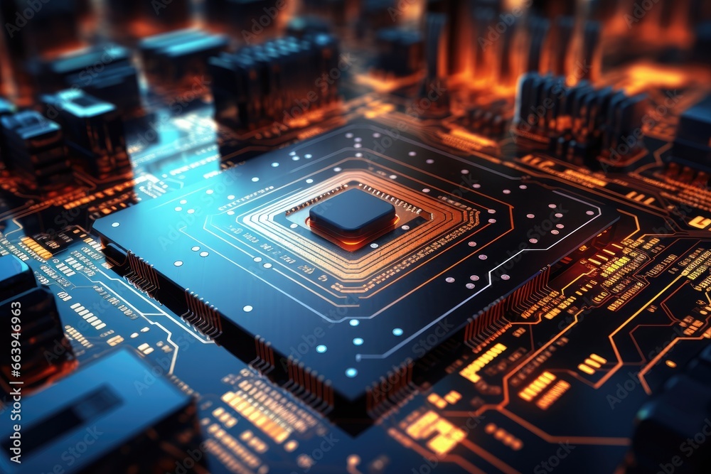 Poster circuit board with microchips and electronic components. 3d rendering, futuristic circuit board and 