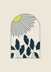 Botanical sunny aesthetic minimalist printable illustration. Abstract plants under sunshine decoration