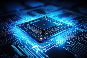 Circuit board with microchips close up. 3d rendering, Futuristic circuit board and microchip with glowing data transfer board, AI Generated