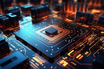 Fototapeta na wymiar Circuit board with microchips and electronic components. 3d rendering, Futuristic circuit board and microchip with glowing data transfer board, AI Generated