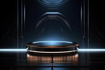 Abstract dark scene with neon light and podium. Mock up, 3D Rendering, Futuristic dark podium with light and reflection background, AI Generated