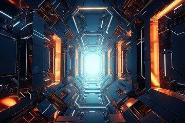 Futuristic scifi tunnel corridor with glowing lights 3D rendering, Futuristic Metaverse Tunnel with...