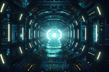 Dark futuristic space tunnel corridor with glowing neon lights 3D Rendering, Futuristic Metaverse Tunnel with Polygon Shapes and Circuit Boards, AI Generated