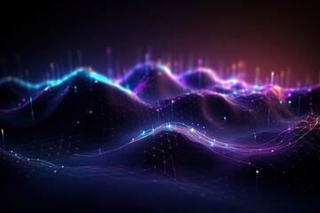 Digital sound wave on dark background. Music concept. 3D Rendering, Futuristic technology wallpaper...