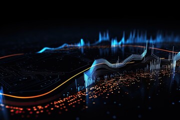 Futuristic technological background with circuit board and glowing lines. 3d rendering, Futuristic technology wallpaper with digital waves and circuit board patterns, Black background, AI Generated