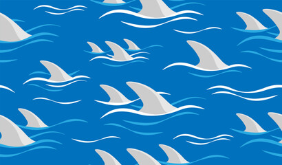 Shark fin silhouette and waves seamless pattern. Vector illustration.