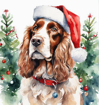 watercolor painting of a spaniel dog in a Santa Claus hat wishes you a Merry Christmas on the background of a Christmas tree