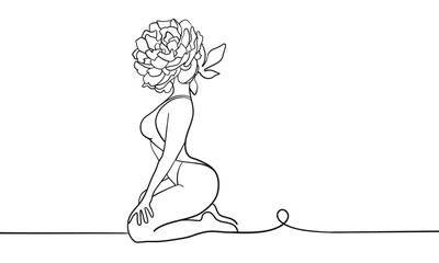 Woman flowers one line continuous drawing illustration. Peony of a woman's head. Wedding vector illustration