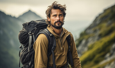 A close-up portrait of a middle-aged man in a jacket with backpack hiking in the Scandinavian mountains during an overcast autumn day. - obrazy, fototapety, plakaty