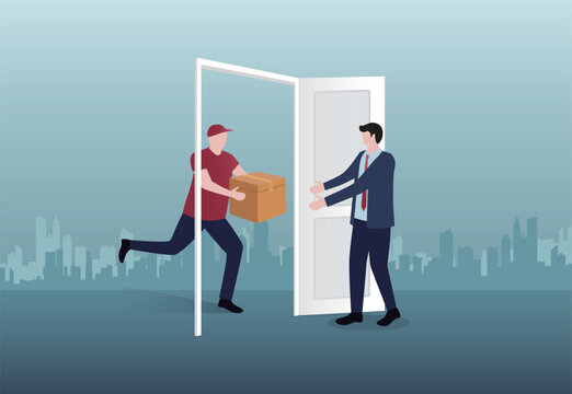 Man in a business suit receives a parcel from a delivery worker, delivery worker holding a package at door, Express door-to-door delivery service.