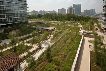 Images depicting parks, rooftops, and gardens in urban areas that enhance urban life by providing ecological benefits. Generative AI