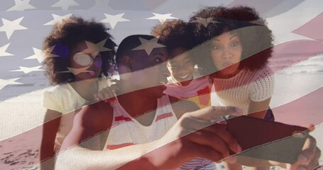 Animation of flag of usa over african american couple, son and daughter taking selfie on vacation - Powered by Adobe