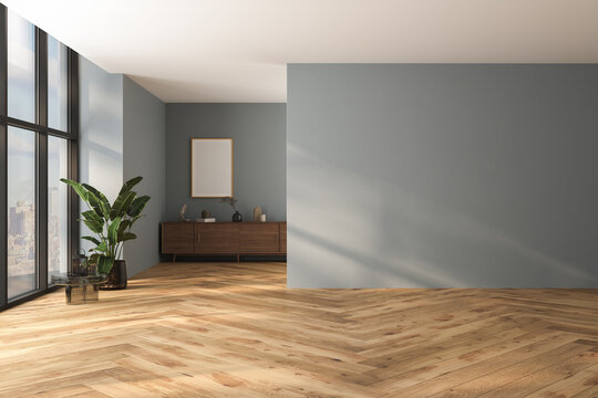 empty living room with blue tones wall  3d Rendering