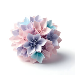 Origami hydrangea flower on white background, paper flower art, paper craft