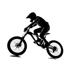 Obraz premium Black silhouette of a young BMX athlete performing tricks and jumps with a helmet and protective gear
