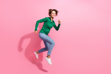 Full body photo of jumping air running girl wear trendy garment catch best offer customer...