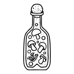 Magic potion with mushrooms. Hand drawn doodle style. Vector illustration isolated on white. Coloring page.
